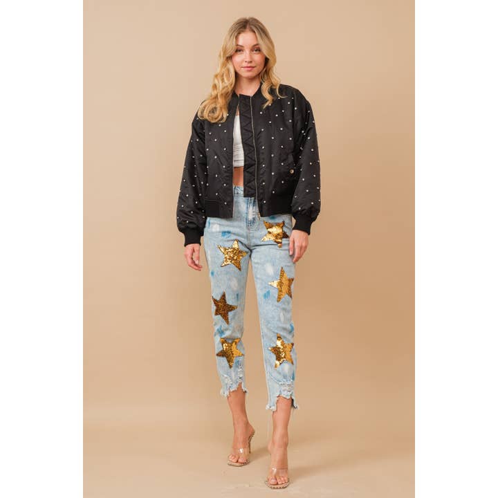 Vaqueros de mezclilla con parche de lentejuelas lavadas para venta al por mayor de Apolline