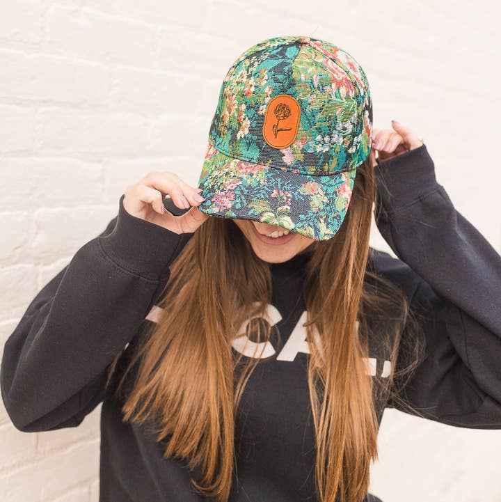 Left Grain - Wholesale Baseball Cap - Women's - Blue Floral Hat with Oval Flower Patch