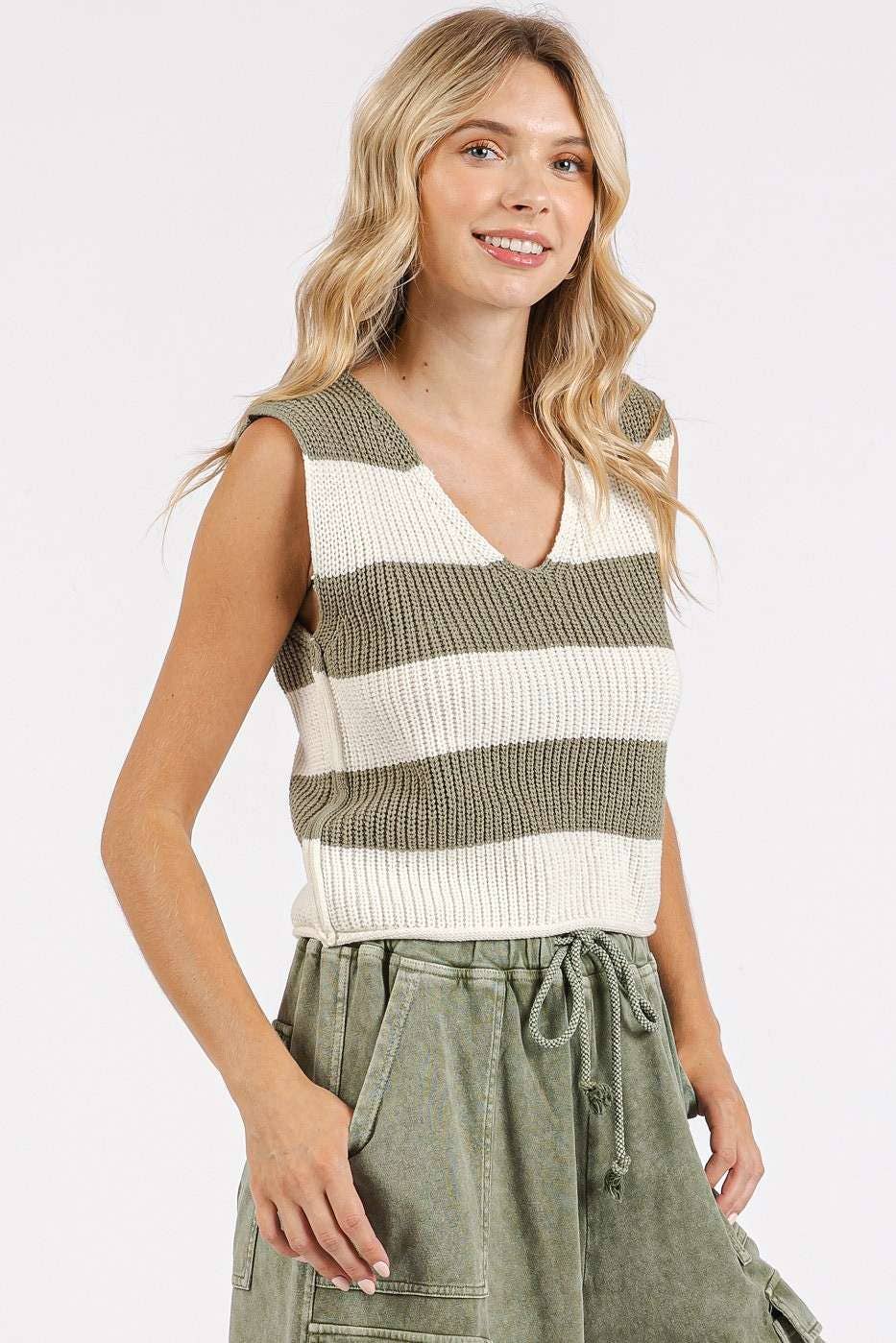 mittoshop - Wholesale Sweater Vest - Women's - STRIPED V-NECK CROPPED SWEATER VEST TOP18