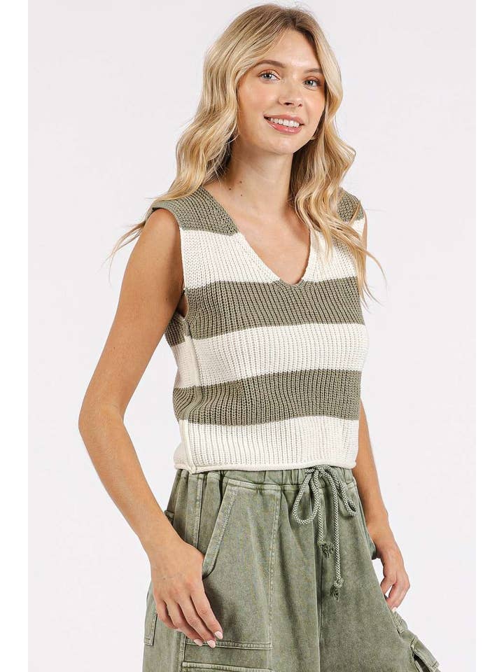 mittoshop - Wholesale Sweater Vest - Women's - STRIPED V-NECK CROPPED SWEATER VEST TOP18