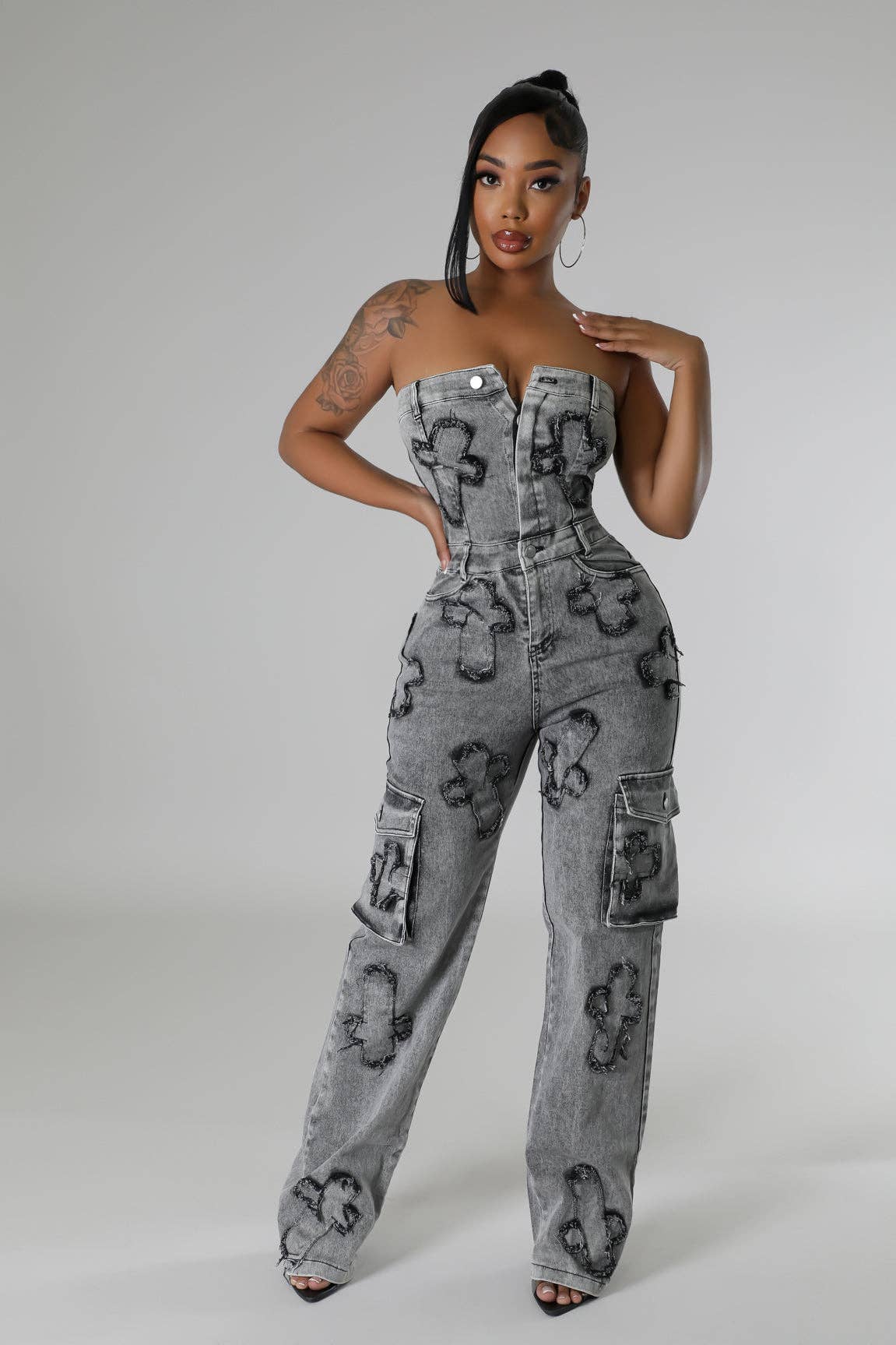 5besties inc - Wholesale Jumpsuit - Women's - CROSS PATCH DETAIL DENIM JUMPSUITS5