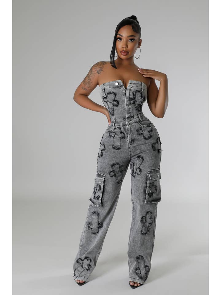 5besties inc - Wholesale Jumpsuit - Women's - CROSS PATCH DETAIL DENIM JUMPSUITS5