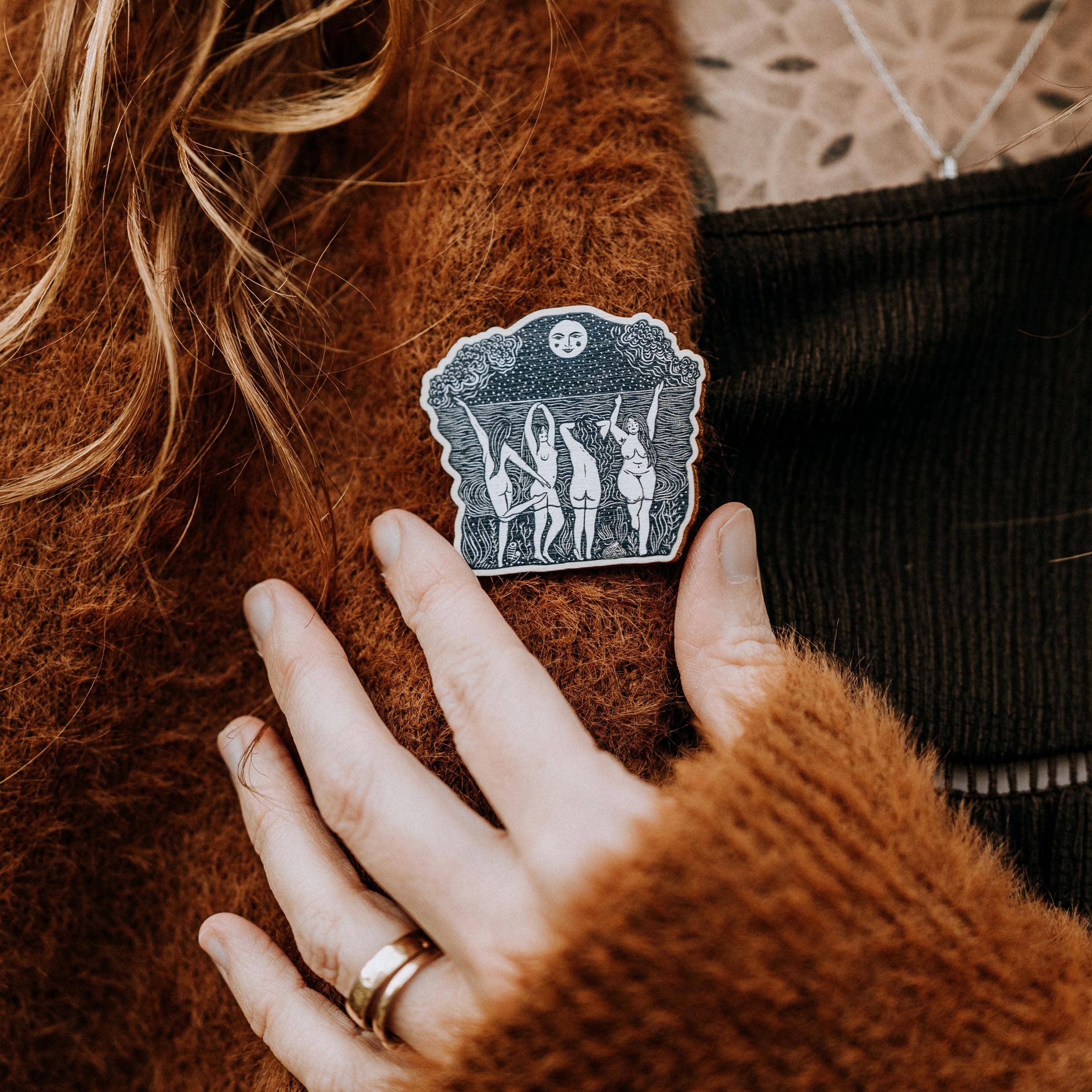 Prints by the Bay – wholesale Lapel pin/button – Wild Women wooden pin badge, friendship, fun, magic, witchy1