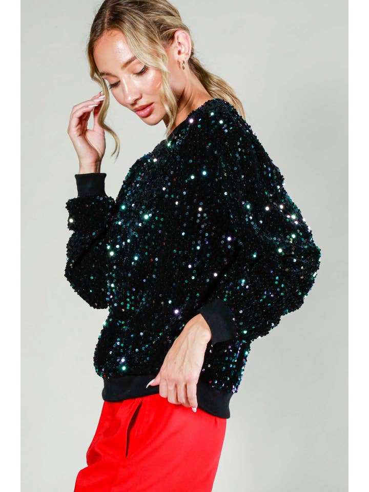 BLACK MULTI Allover Sequin Crewneck Velvet Sweatshirt Top VT81449 for wholesale on Faire