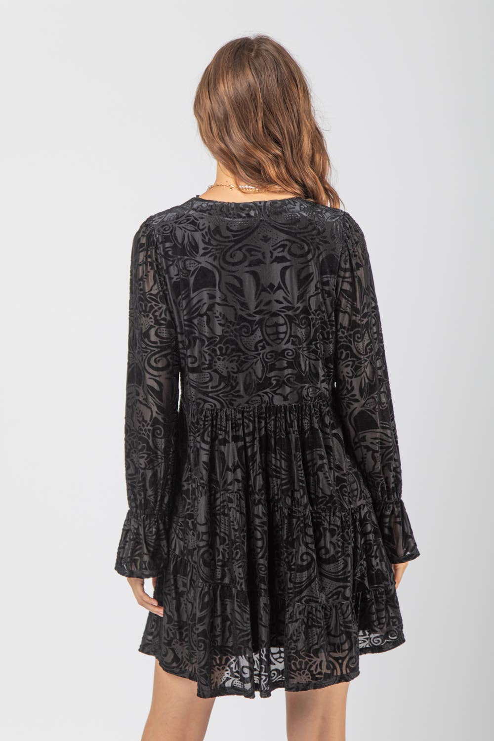 VERY J - Wholesale Dress - Women's - ND31023-Deep V-neck Jacquard Velvet Holiday Mini Dress1