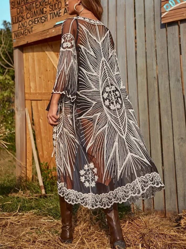 Black Floral Lace Trim Sheer Kimono Cover-Up for wholesale on Faire3