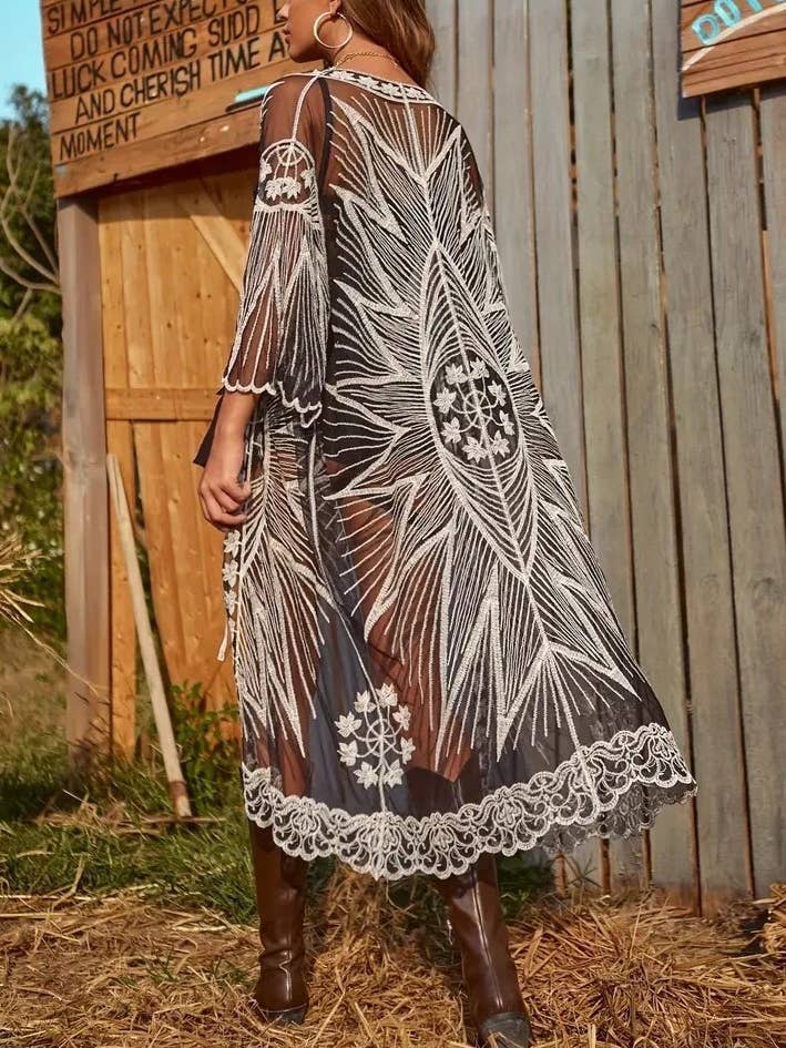 Black Floral Lace Trim Sheer Kimono Cover-Up for wholesale on Faire3