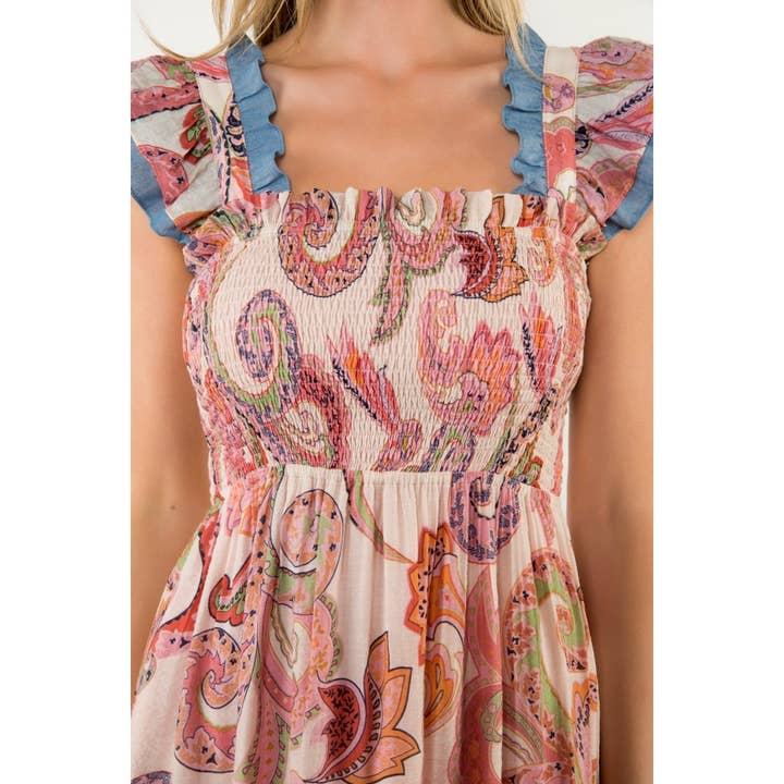 THML - Vendita all'ingrosso Vestito - Donna - Abito lungo con maniche a farfalla arricciate e stampa paisley