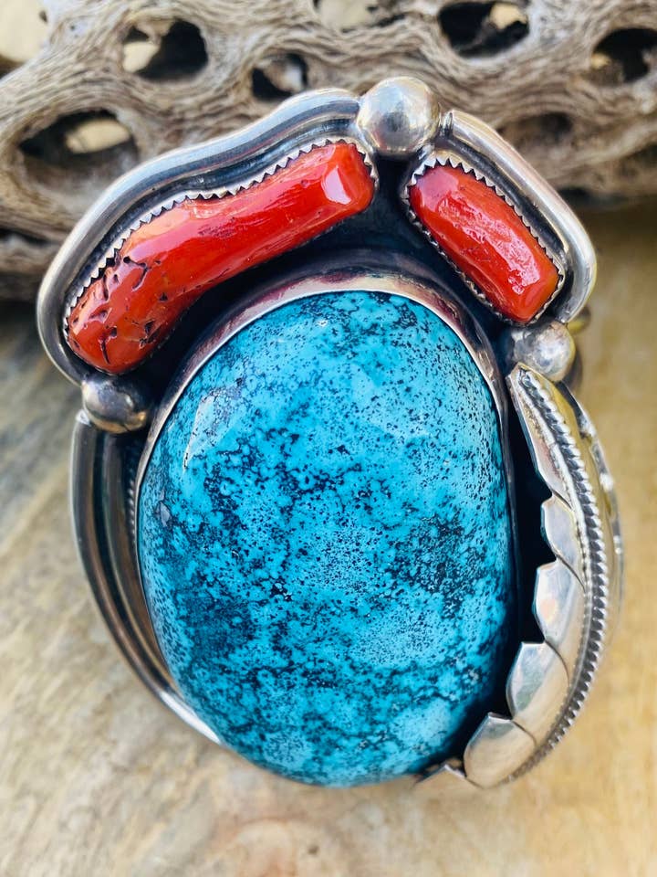 Ongelooflijke Navajo handgemaakte Bisbee turkoois, koraal & sterling zilveren jumbo armband. voor wholesale door Nizhonitradersllc