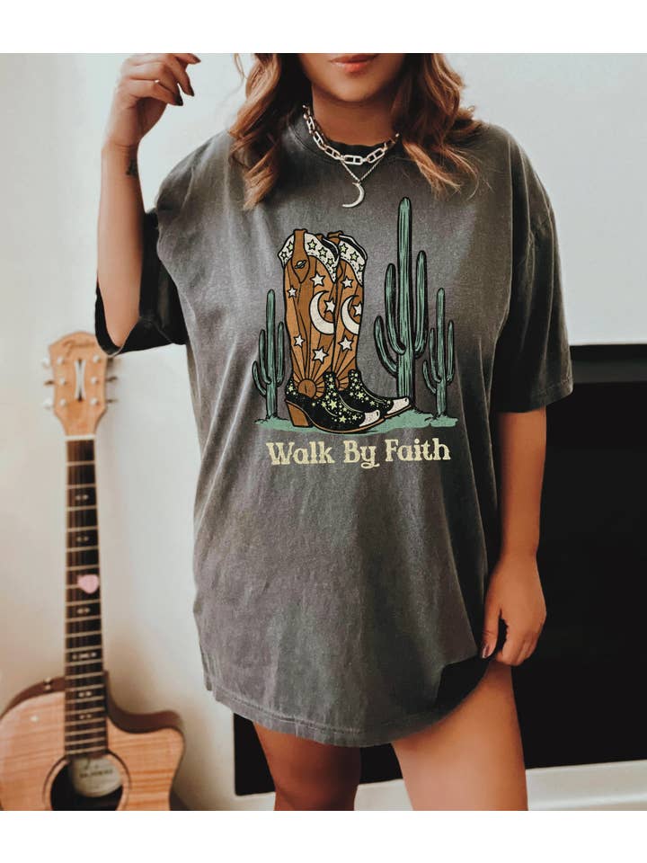 Peach Closet - Wholesale Tunic - Women's - Walk By Faith Cowboy Boots T-Shirt or Crew Sweatshirt