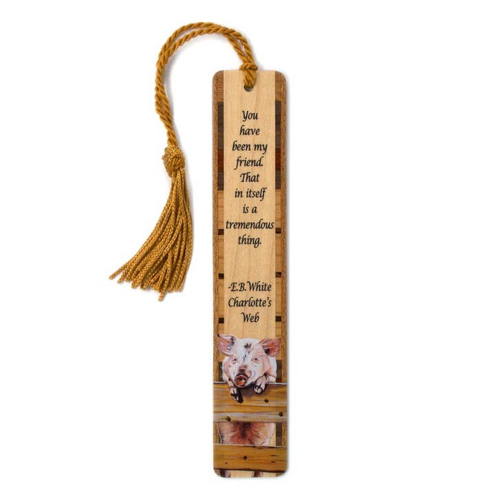 Pig Art Wooden Bookmark with Charlotte’s Web Friendship Quote – Handmade in USA by Mary Beth Ihnken for wholesale by Mitercraft
