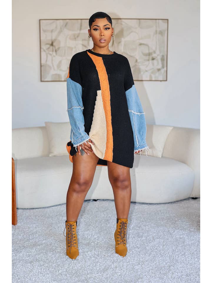 5besties inc - Wholesale Dress - Women's - COLOR BLOCK SWEATER PULLOVER DRESS