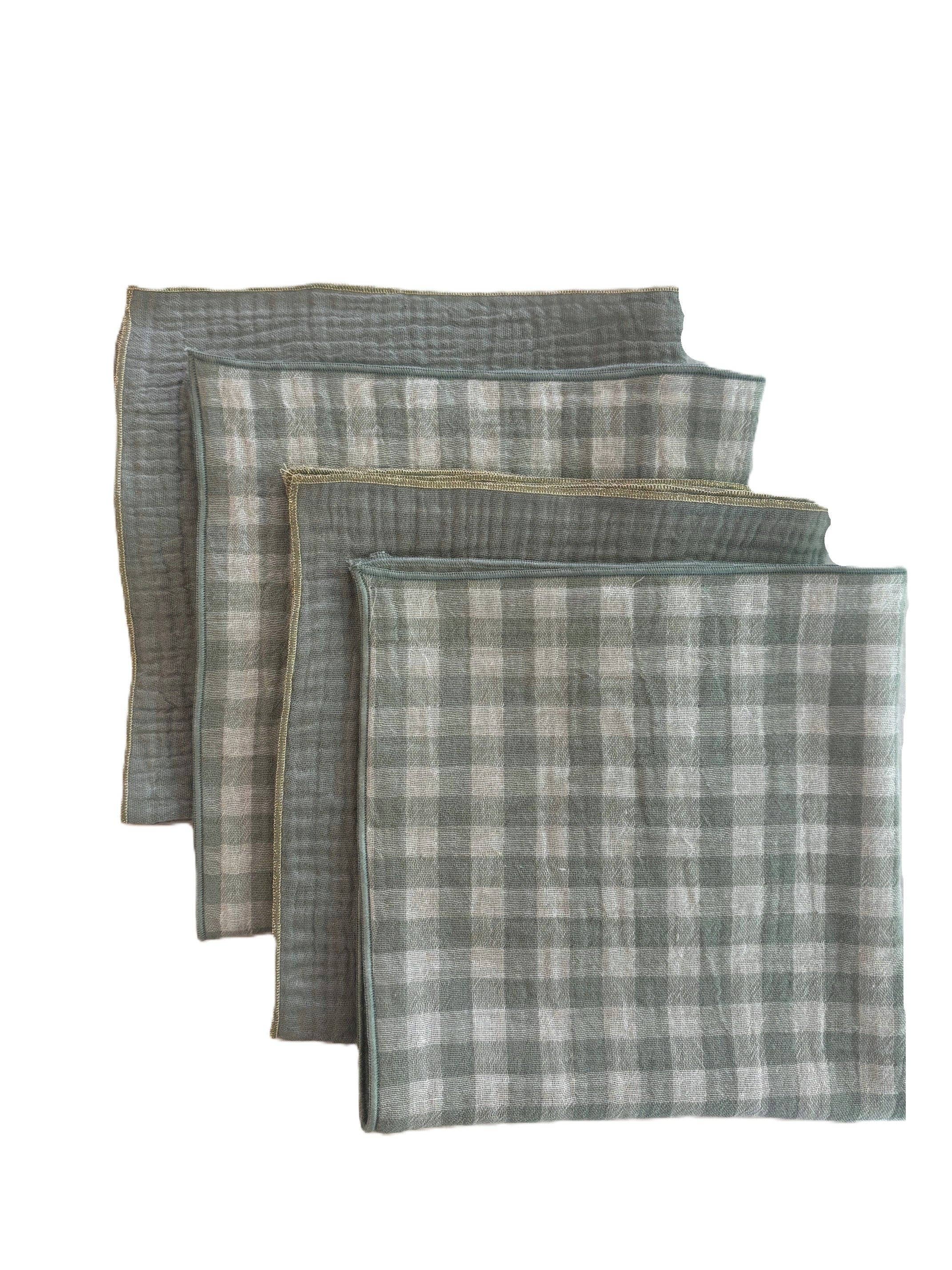 CHARMY - Wholesale Dinner & cloth napkin - Set of 4 Table Napkins in Double Cotton Gauze – Vichy and solid gray-green – 40x40cm3