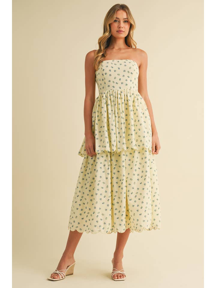 Klesis - Wholesale Dress - Women's - ID9056 FLORAL PRINT STRAPLESS TIERED MIDI DRESS