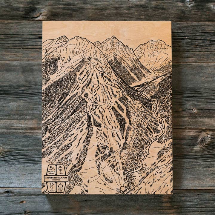 Mappa delle piste da sci di Aspen Highlands, Colorado per la vendita all'ingrosso da parte di Benoit's Design Co.