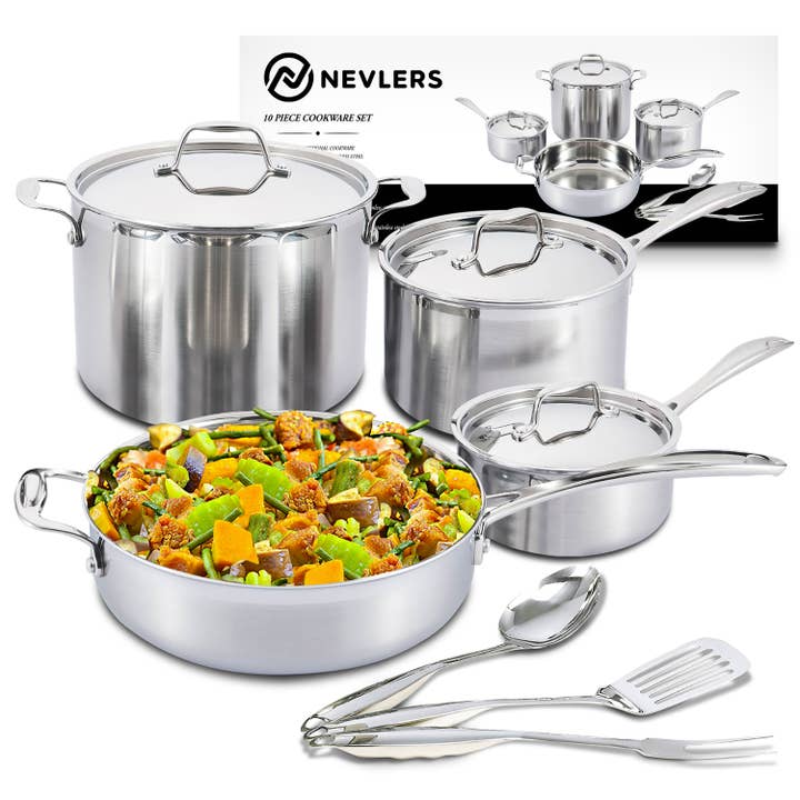 Nevlers - Wholesale Cookware Set - Stainless Steel Pots and Pans - 10pc Cookware Set & Utensils
