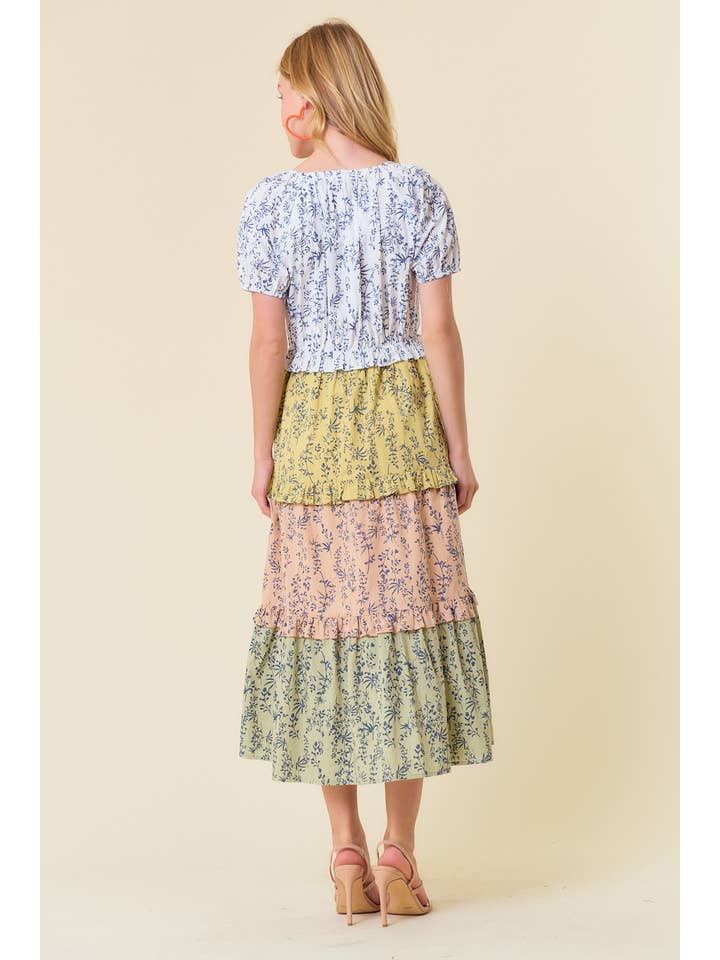 Off White Sage Mix FLORAL PRINT SHORT SLEEVE COLOR BLOCK MIDI DRESS - 27593D for wholesale on Faire4