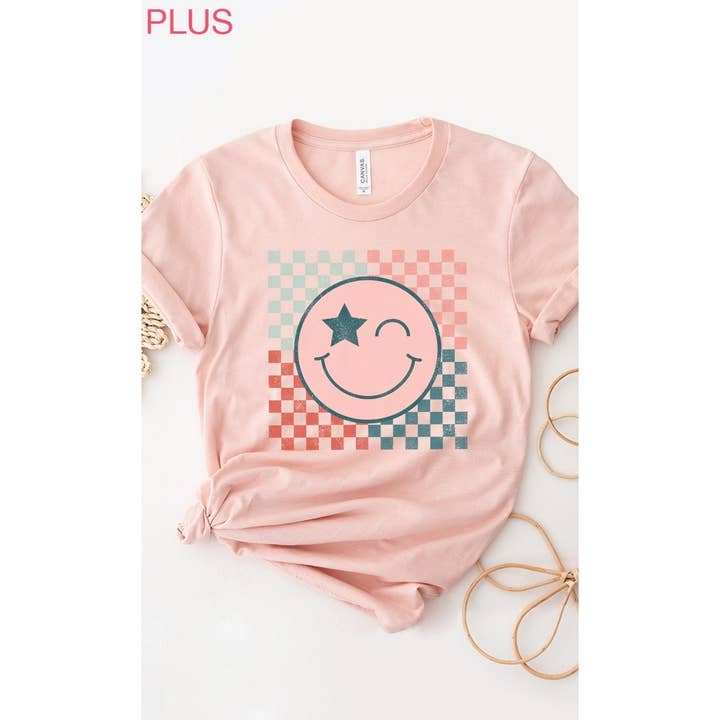 Kissed Apparel - Wholesale Screen Printed T-Shirt - Women's - Star Winky Smiley Checker PLUS SIZE Graphic Tee2
