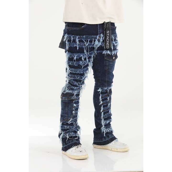 Stylo - Wholesale Jeans - Men's - Cargo Pocket Distressed Stacked Flare Jeans