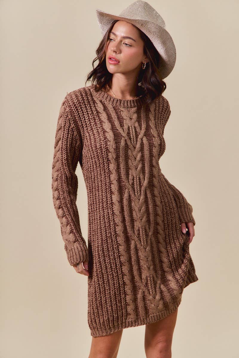 Vanilla Monkey - Wholesale Knit Sweater - Women's - Two Tone Cable Knit Sweater Mini Dress7