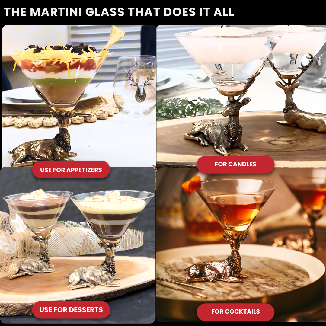 Jersey Art Glass - Wholesale Cocktail/Liquor Glass - Gold Stag Deer Martini Glasses (Set/2) | Cocktail Glasses3