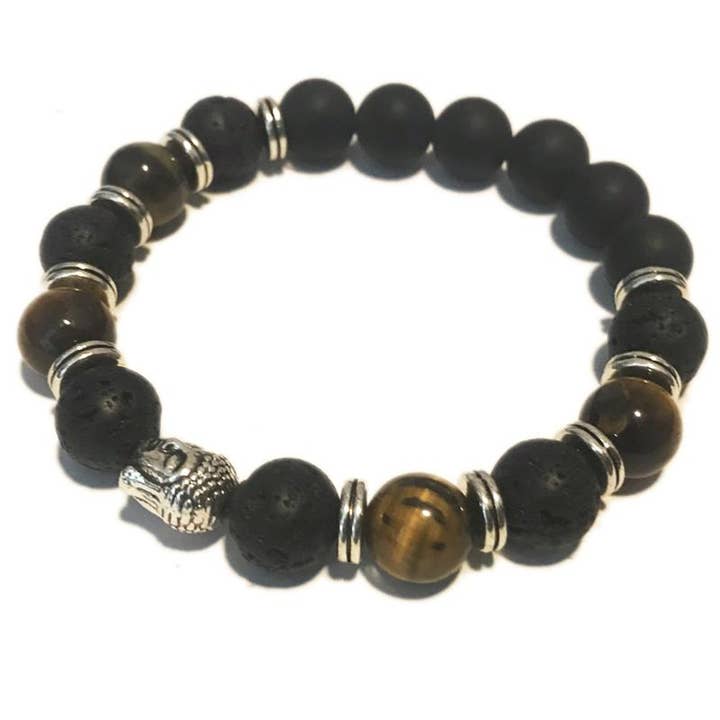Bracelet Homme: onyx dépoli, oiel de tigre, pierre de lave A (boules 10mm) pour la vente par La Boîte à Cailloux