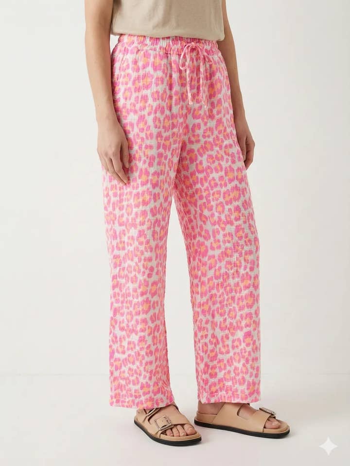 Pantalones de gasa de algodón con estampado de leopardo para venta al por mayor de Mimi & Gogo