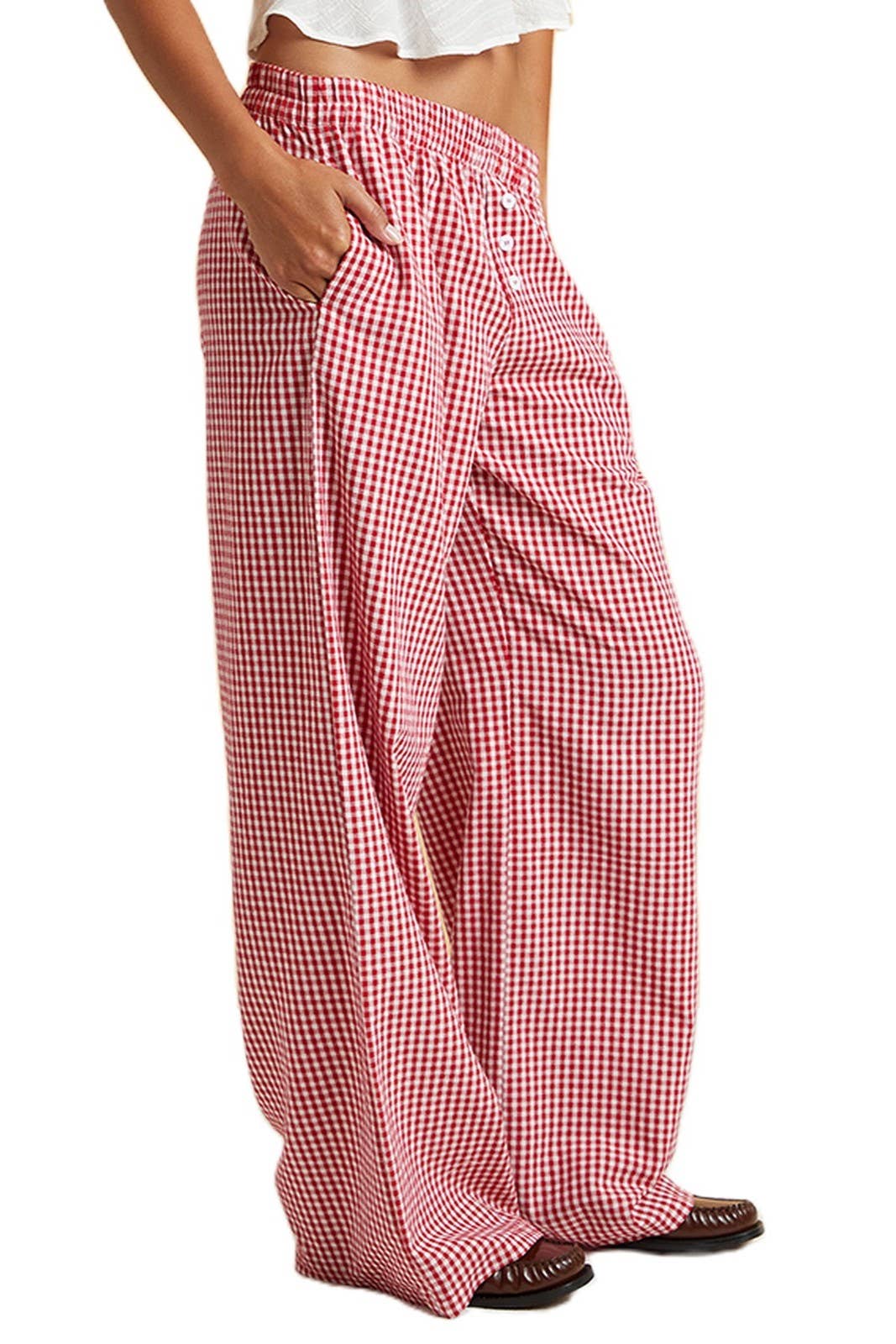 Rosa Clothing - Wholesale Pants - Women's - easy daily patchwork gingham wide leg pants5