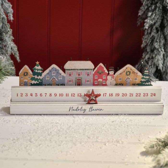 Langs - Wholesale Advent Calendar - Welsh Nadolig Llawen Snowy Christmas Cottage Calendar With Star Marker Wood Block0