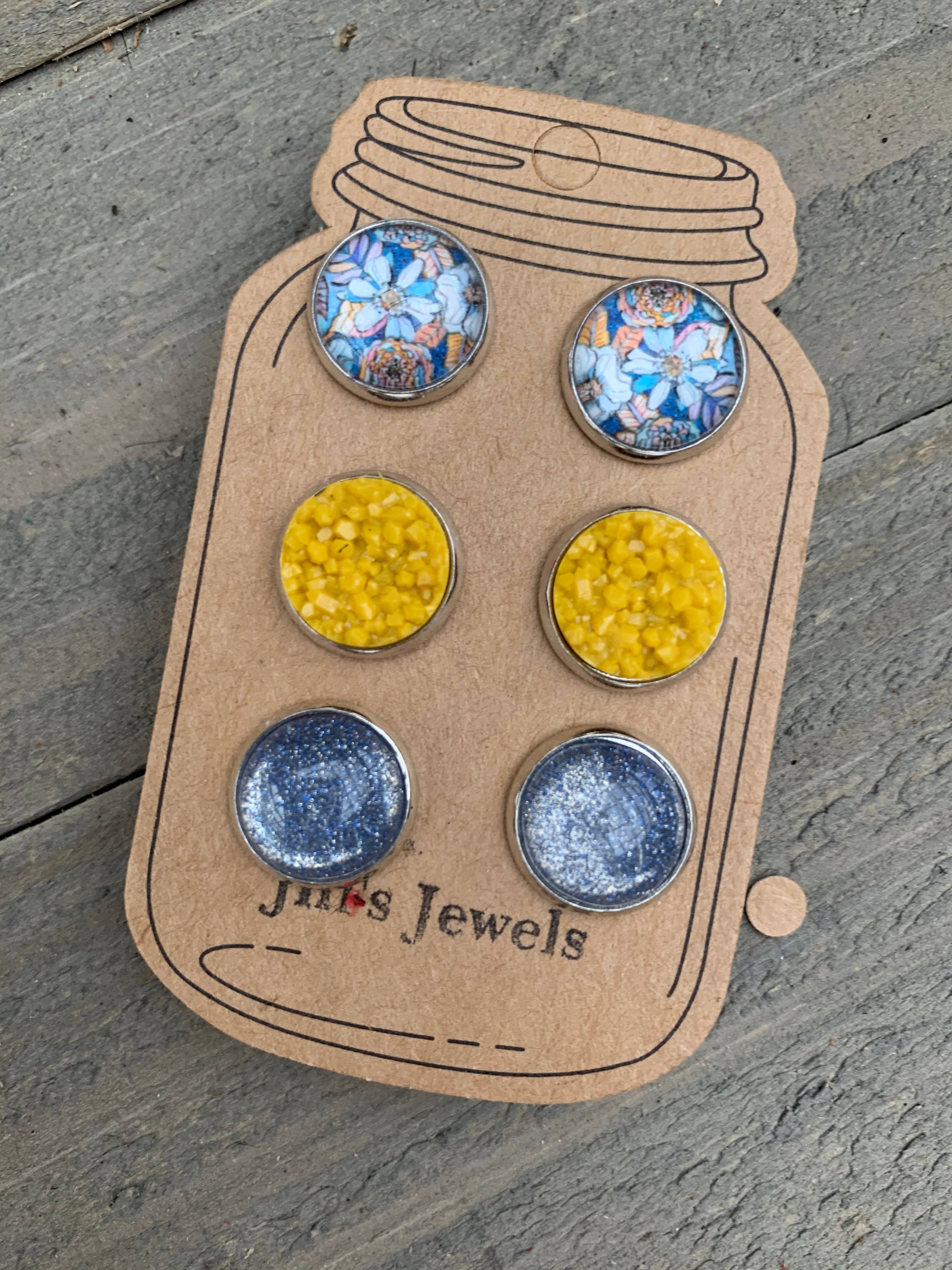 Jill's Jewels - Wholesale Jewelry Set - Blue Mustard Floral Triple Faux Druzy 3 Earring Set1