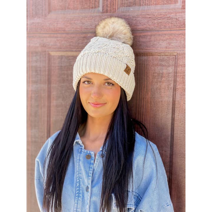 C.C Beanie - Wholesale Beanie - Women's - Ribbed Cable Knit Fur Pom Beanie YJ2021