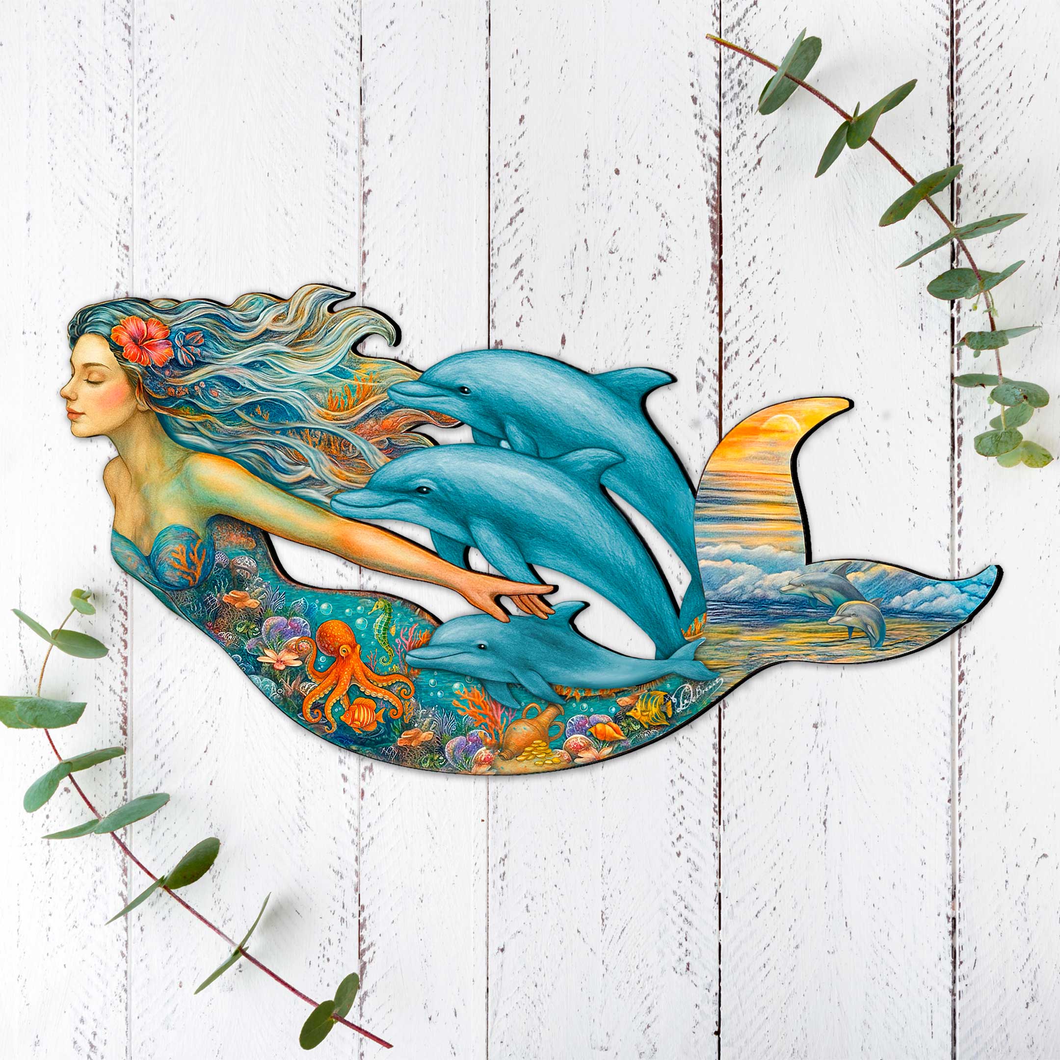 Designocracy - Wholesale Door Hanger - Mermaid & Dolphins Coastal Door Hanger - Handcrafted Ocean Fantasy Art Decor by G. DeBrekht - Coastal Holiday Decor - 81985143H5