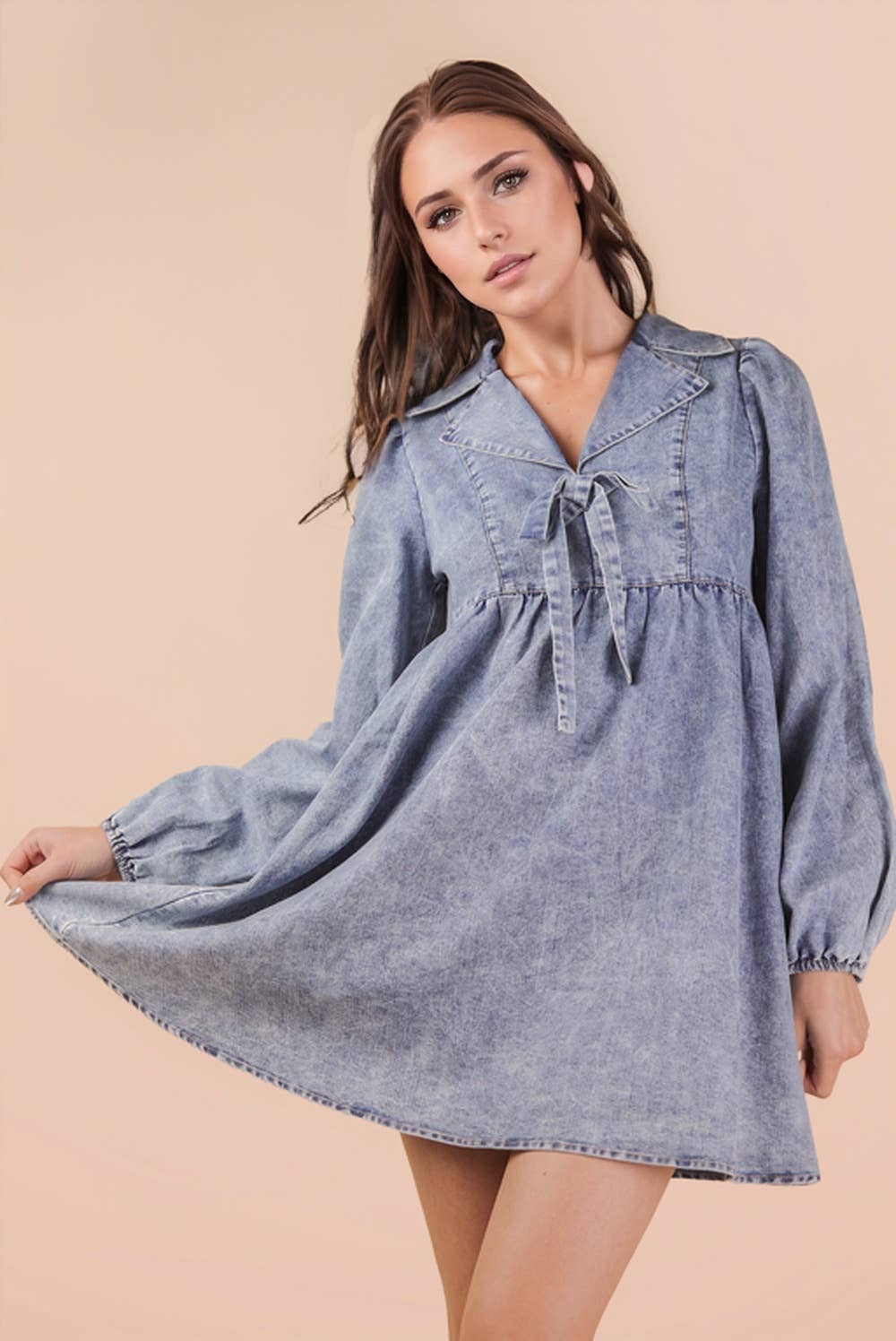VERY J - Wholesale Dress - Women's - ND31904-Washed Chambray Collared Mini Dress6