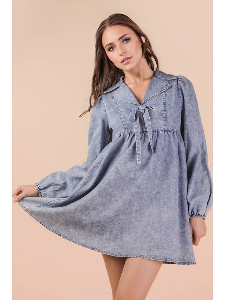 VERY J - Wholesale Dress - Women's - ND31904-Washed Chambray Collared Mini Dress6