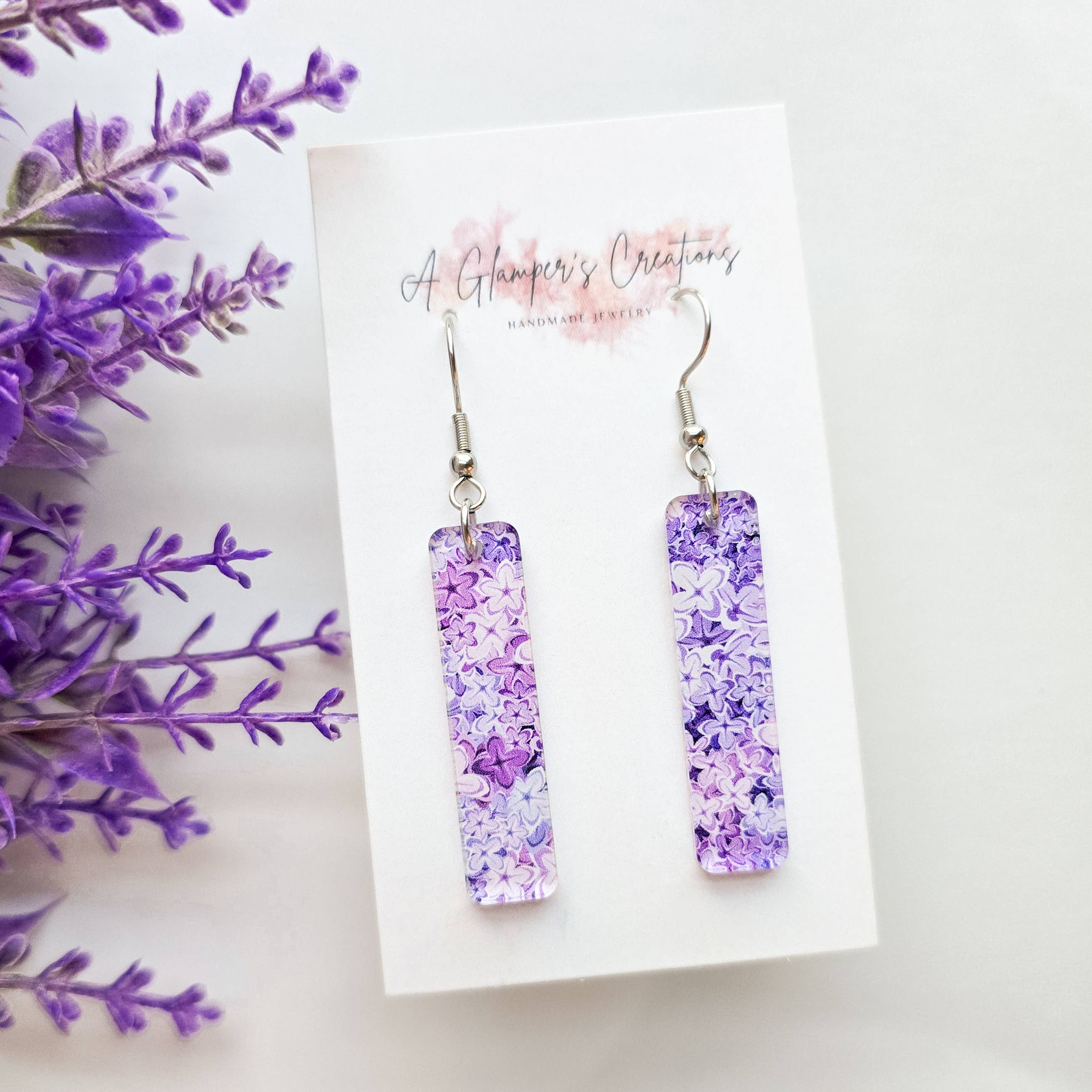 A Glamper's Creations LLC - Wholesale Dangle Earrings - Lilac Floral Skinny Acrylic Bar Earrings0