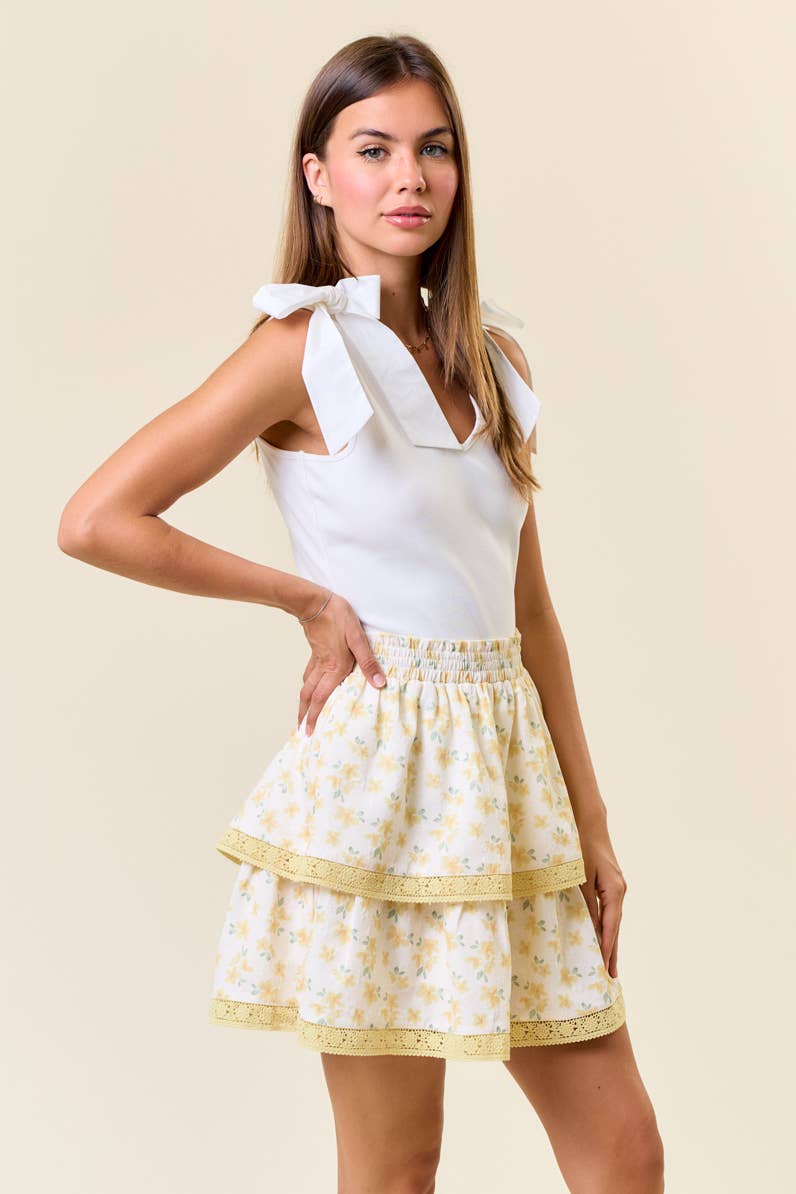 Doe and Rae – Saia - Mulher por atacado – Saia Mini de Renda em Camadas com Estampa Floral Puff - 6551S9