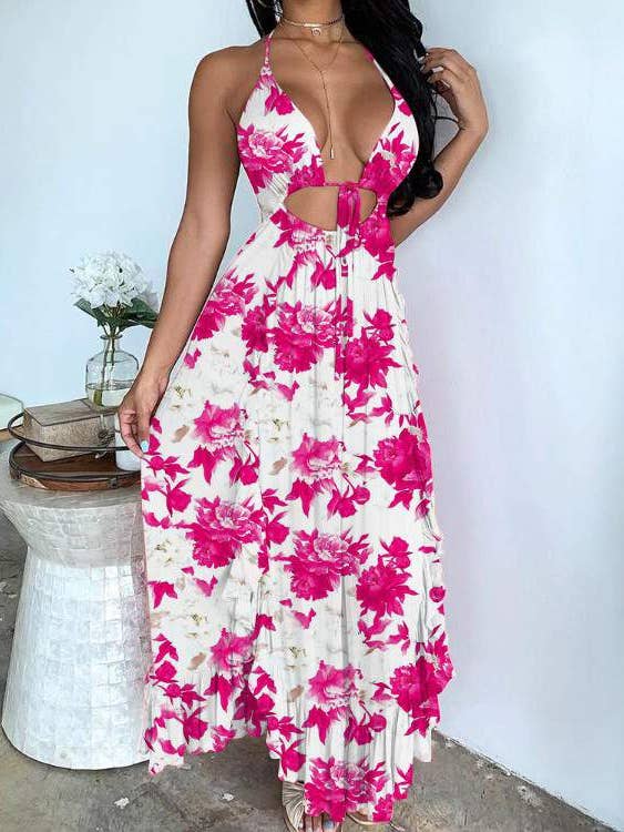 Flarix - Wholesale Dress - Women's - halter tie dye print tied detail cutout maxi dress