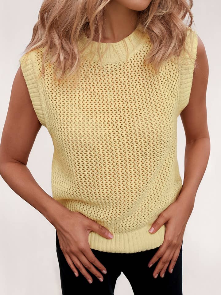 Solid Color Hollowed Knit Round Neck Sweater Vest for wholesale by LA Society