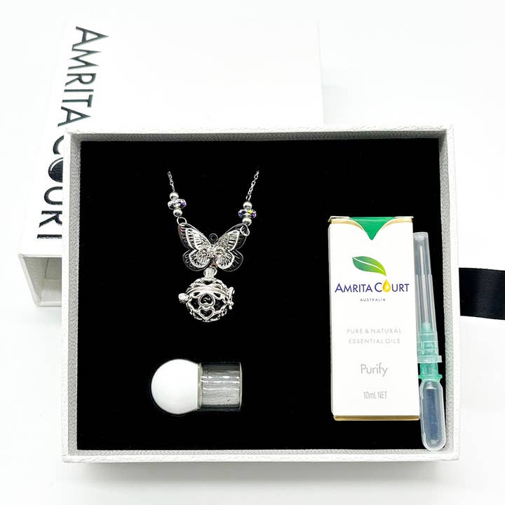 Amrita Court Essential Oils and Aromatic Homeware - Wholesale Pendant/Charm Necklace - Gift Box - Aroma Necklace Butterfly + Purify Essential Oil