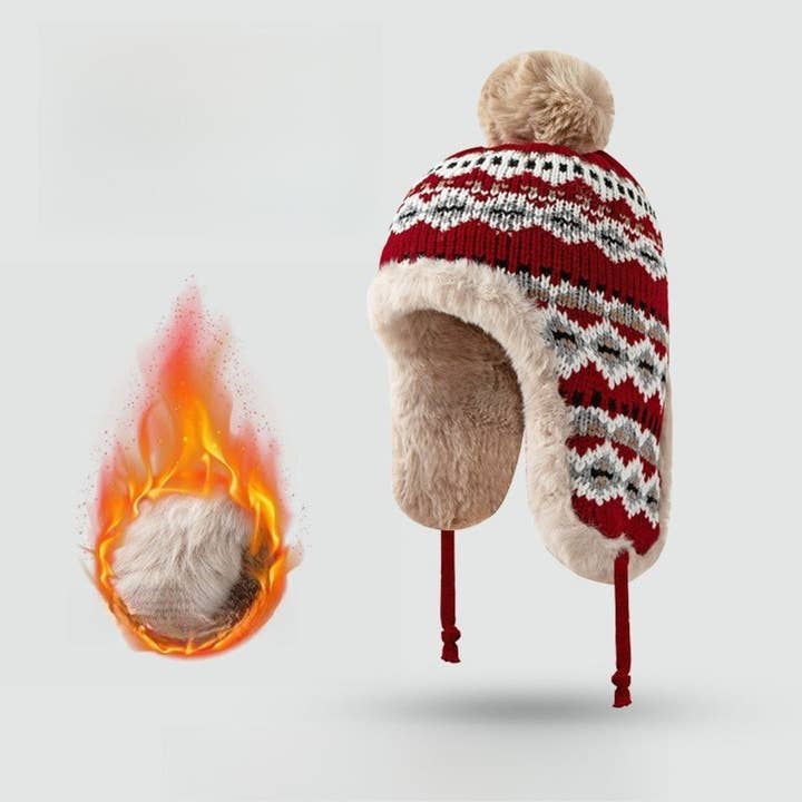 Funkyrel® Atzbranding Limited - Wholesale Beanie - Women's - Haila - Jacquard Patterned Fleece-Lined Knitted Beanie with Earflaps9