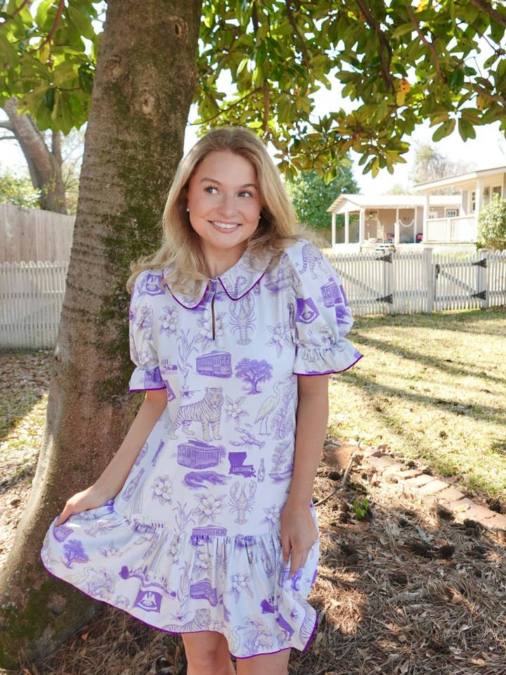 Women Louisiana LSU Print Mini Dress w/ Ruffles and Collar for wholesale by Kim Lolley Designs