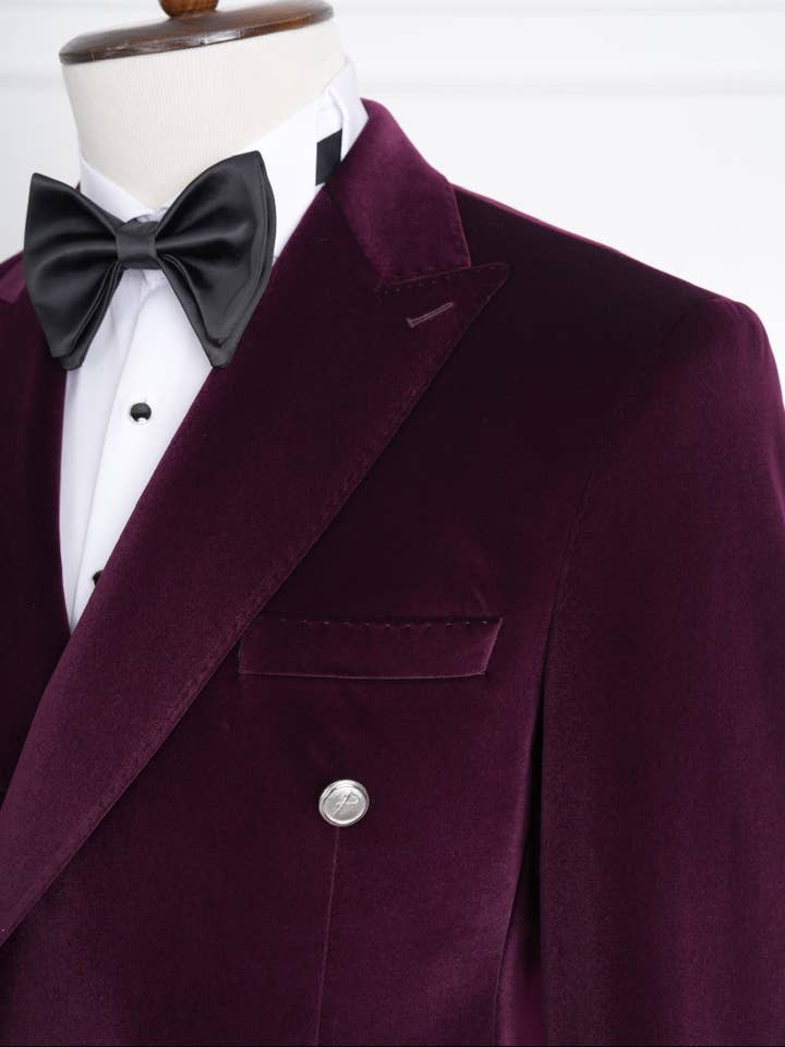 parez suits - Wholesale Tuxedo Jacket - Men's - Wine Velvet Double-Breasted Tuxedo with Signature Buttons6