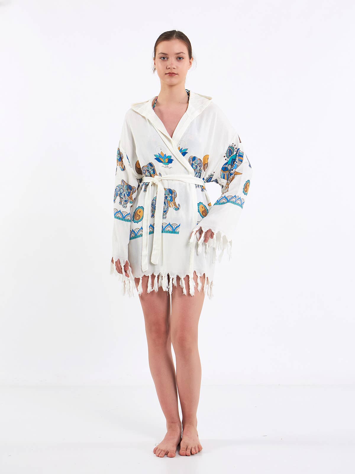 Yaz Concepts - Wholesale Beach Towel - Elephant and Yin Yang Hooded Pareo Wrap Short Turkish Robe8