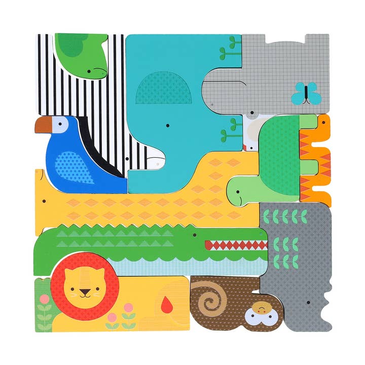 Petit Collage – wholesale Puzzle – Child – Wooden Puzzle + Play: Shaped Safari Animals0