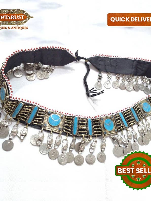 Türkis und Lapislazuli-Gürtel mit baumelnden Vintage-Münzen für den Großhandel von vintarust