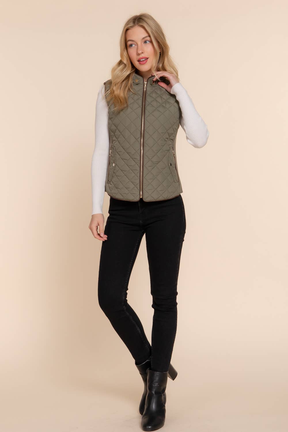 Active Basic | Active USA - Wholesale Outerwear Vest - Women's - Suede Piping Detail Rib Quilted Padding Vest48