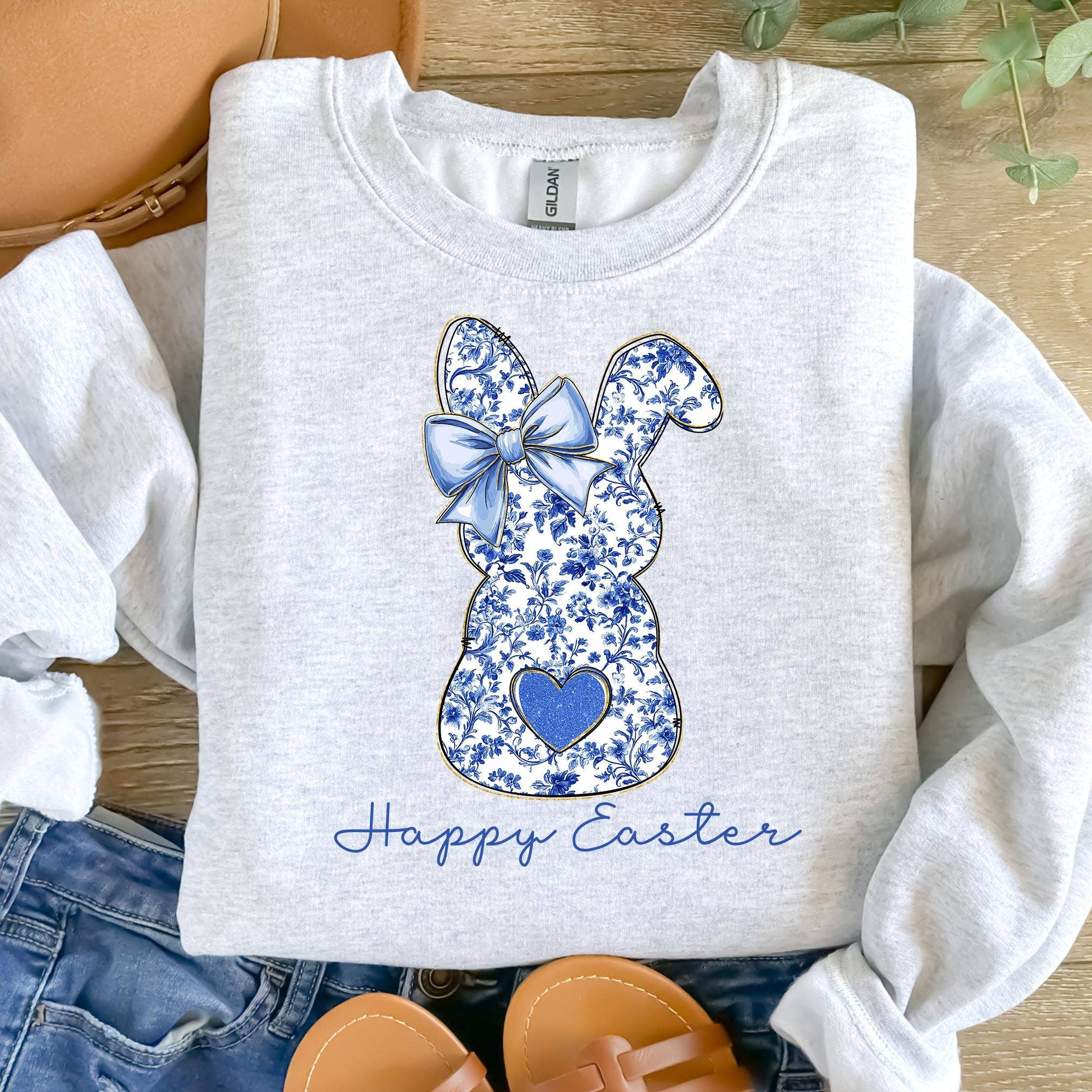 NVC Ecommerce LLC – wholesale T-shirt (graphic) – women's – Happy Easter Sweatshirt, Blue Floral Chinoiserie Bunny Shirt3