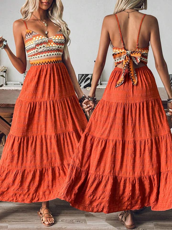 Robe Maxi à Étages Sans Dos à Imprimé Tribal Bohème pour la vente par Fashion Combination