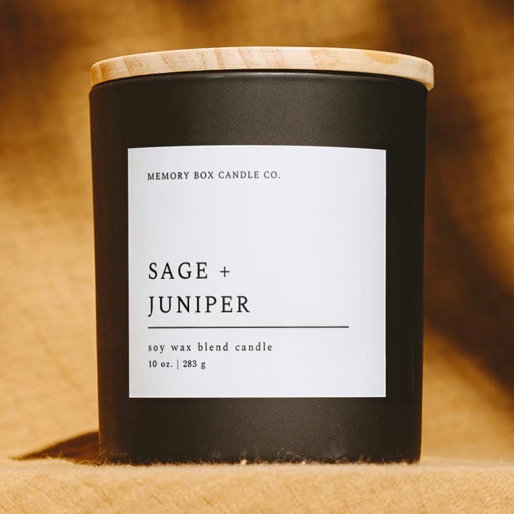 Sage + Juniper - 10 oz. Matte Black Glass Soy Candle for wholesale by Memory Box Candle Co.