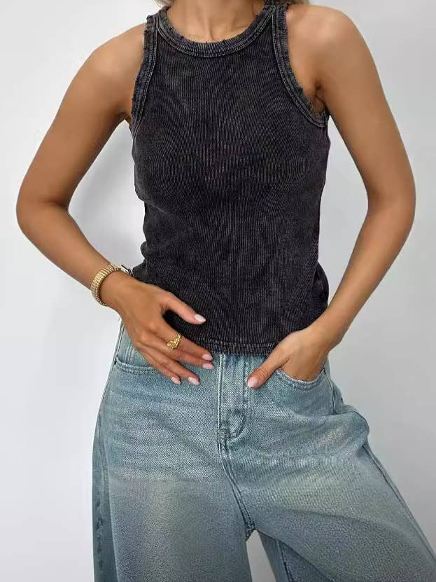 Rosa Clothing - Wholesale Tank Top - Women's - Distressed Washed Rib Round Neck Basic Tank Top10